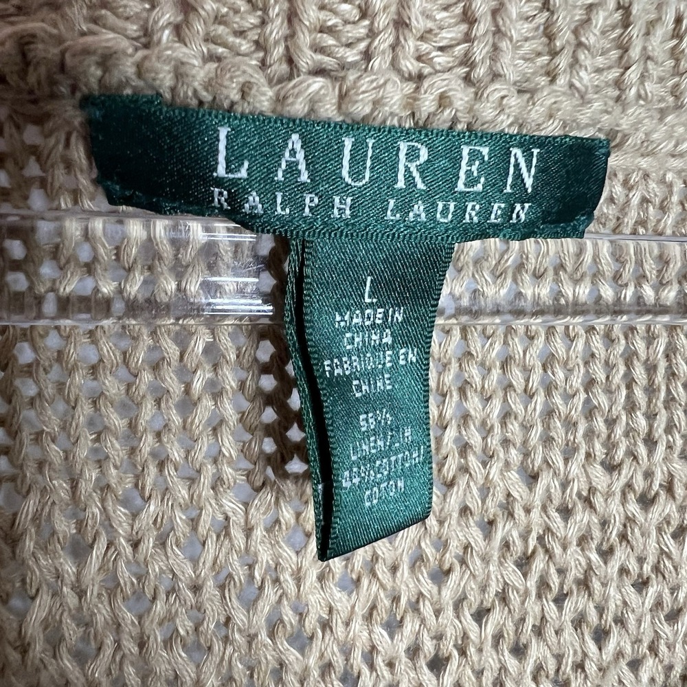 Lauren Ralph Lauren Short Sleeve Sweater Womens Large Tan Linen Cotton Knit Prep - Picture 7 of 8